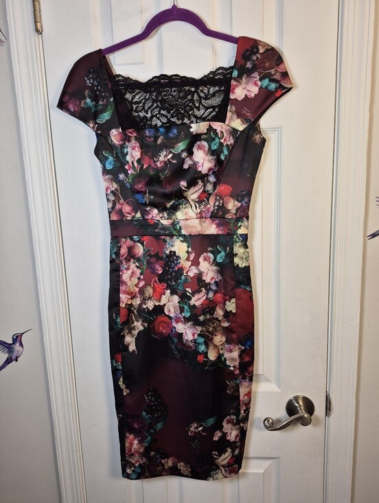 Just Cavalli Dresses & Skirts - Just Cavalli Floral Satin Lace Cap Sleeve Sheath Dress IT 38 US XS